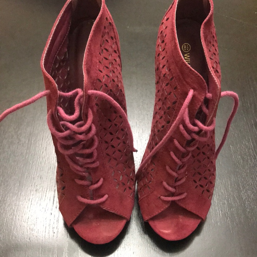 Maroon, suede, peep toe, lace up booties